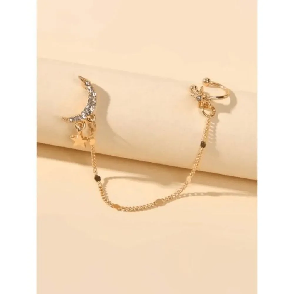 GOLD DIAMOND MOON AND STAR CHAIN EAR CUFF